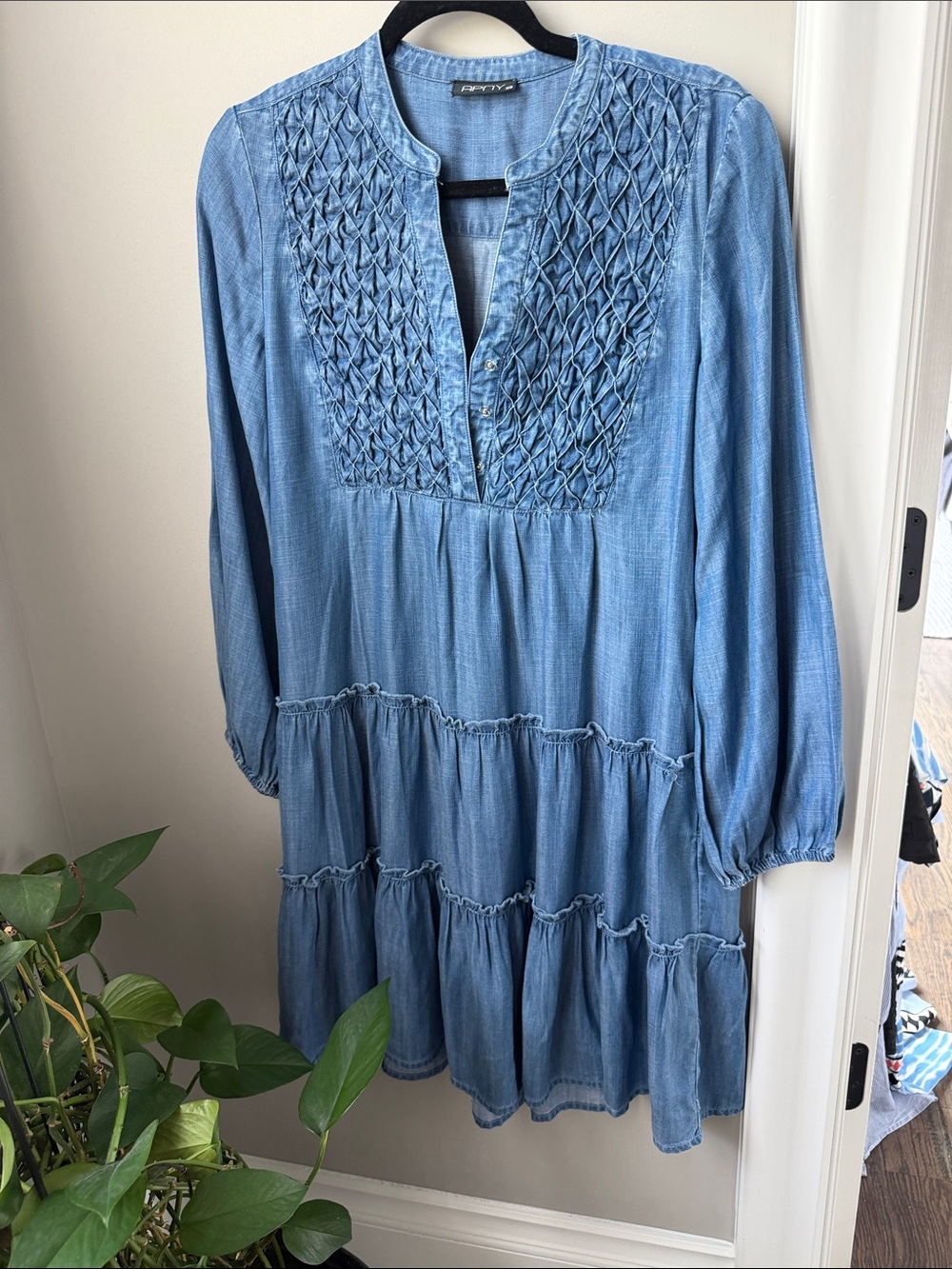 APNY Denim Tencel Smocked Tiered Mini Dress